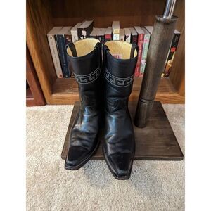 Rudel Rogers black pointed toe cowboy boots sz 8 EE white Aztec style stitching